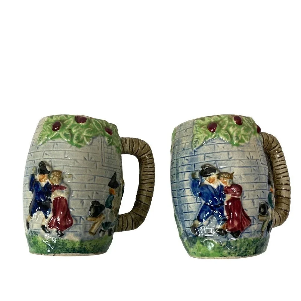 LOT of 2 Vtg 1940s Majolica Hand Painted Small Barrel Pitcher Japan‎ 4.5